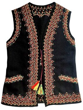 70s Boho Hippie Vest Black Tunic Vest with Colorful Embroidery Festival Wear